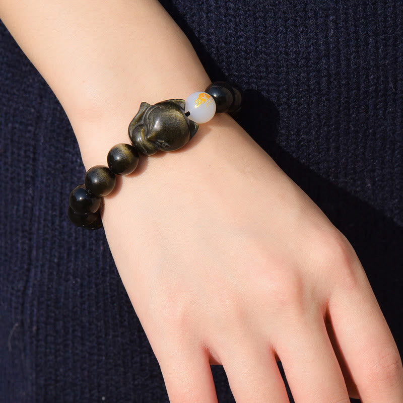 Nimara Ritual Natural Rainbow Obsidian Gold Sheen Obsidian Silver Sheen Obsidian Fox Healing Bracelet