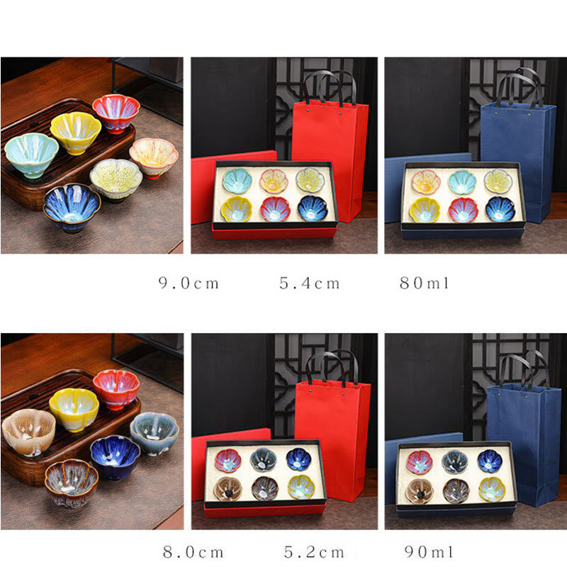 Nimara Ritual 6Pcs Plum Blossom Petal Pattern Chinese Jianzhan Kiln Change Ceramic Teacup Kung Fu Tea Cup Bowl With Gift Box