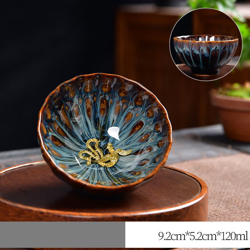 Nimara Ritual Lotus Peacock Dragon Phoenix Koi Fish Ceramic Teacup Inlaid Tea Cups 120ml