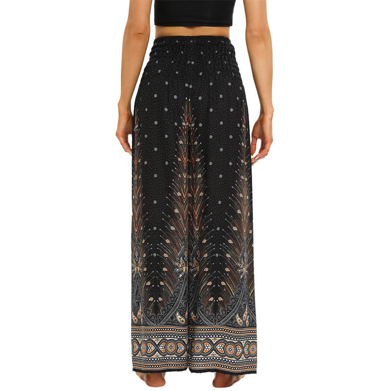 Nimara Ritual Boho Peacock Feathers Lace-up Wide Leg Pants Women's Yoga Pants