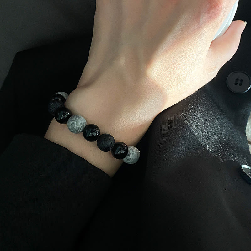 Nimara Ritual Vintage Lava Rock Black Obsidian Picasso Jasper Beads Support Rope Bracelet