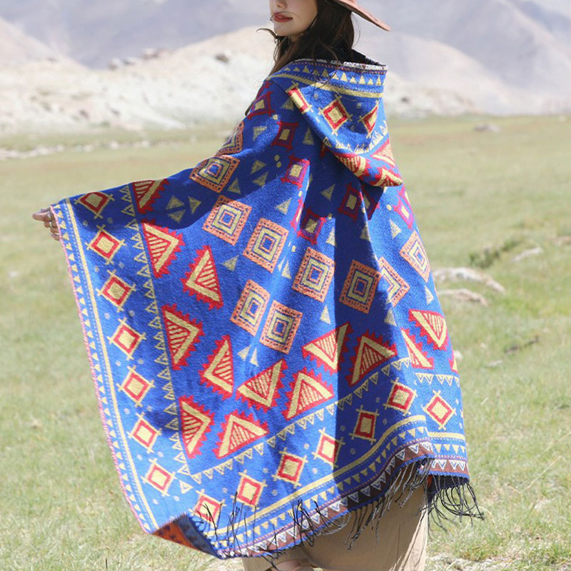 Nimara Ritual Tibetan Shawl Triangle Pattern Hooded Cloak Winter Cozy Travel Scarf Wrap