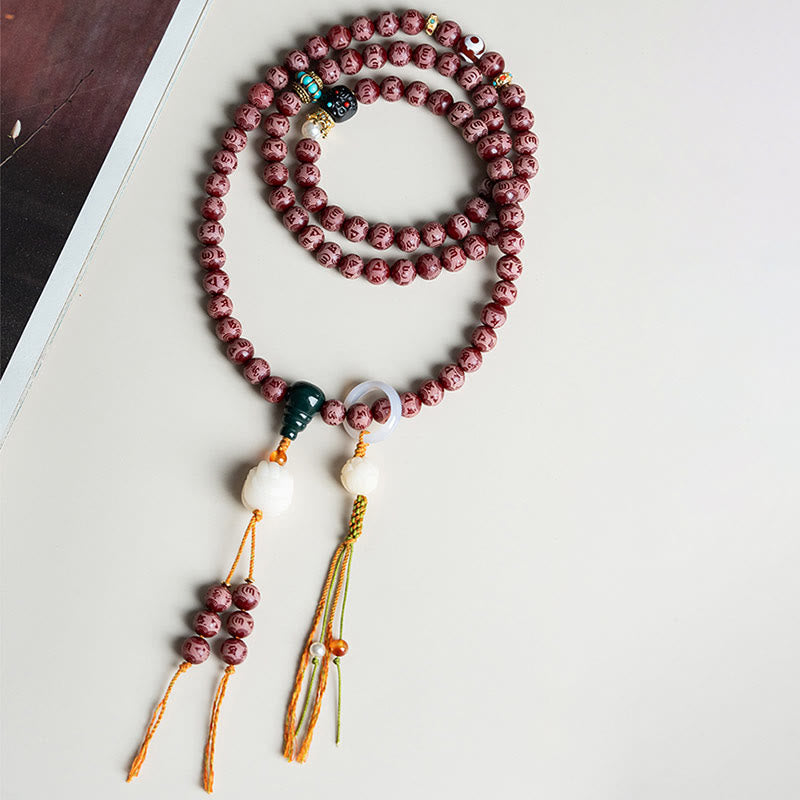Nimara Ritual Red Bodhi Seed Om Mani Padme Hum Lotus Engraved Harmony Bracelet
