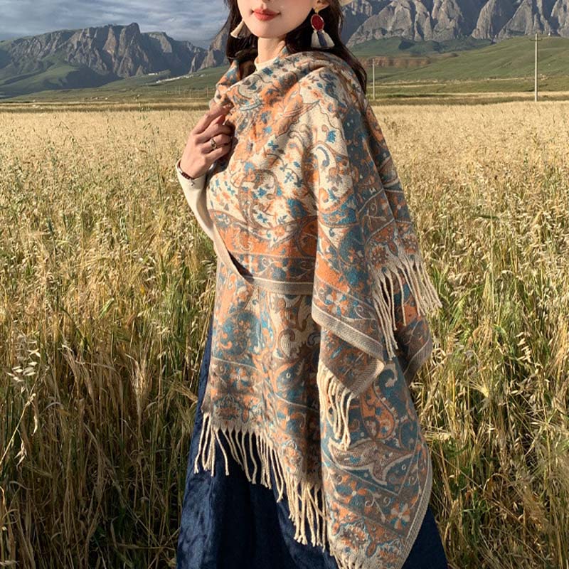 Nimara Ritual Tibetan Flower Branch Tassel Shawl Cozy Travel Scarf Wrap