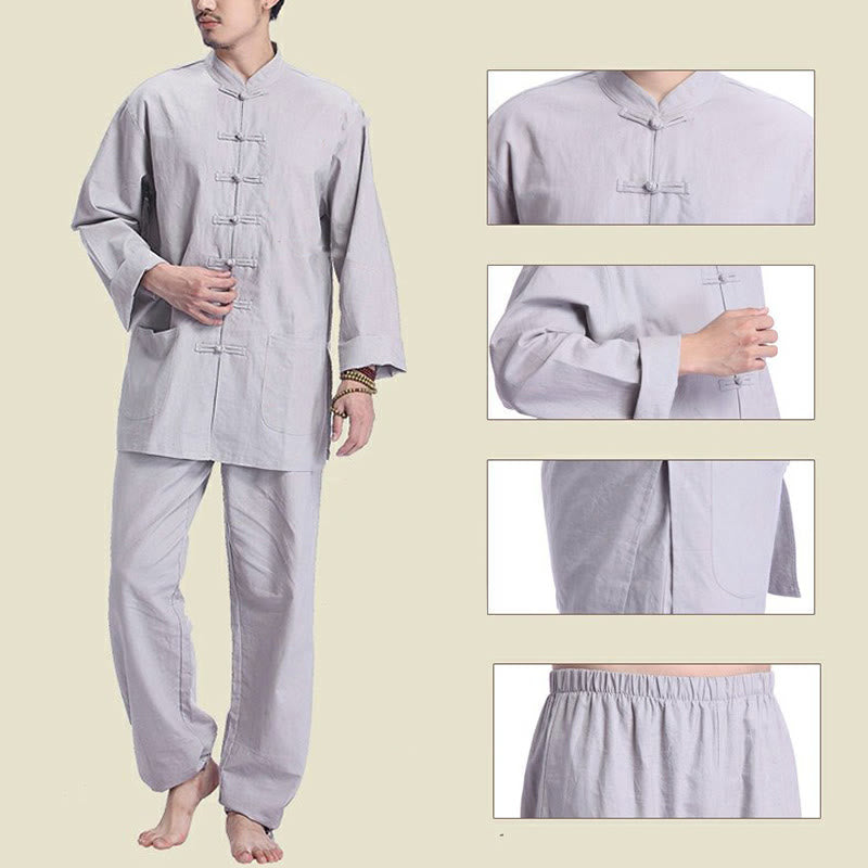 Nimara Ritual Chinese Frog Button Design Meditation Prayer Cotton Linen Spiritual Zen Practice Yoga Clothing Men's Set