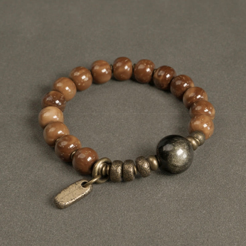 Nimara Ritual Kuka Seed Tiger Eye Gold Sheen Obsidian Brass Copper Wealth Luck Bracelet
