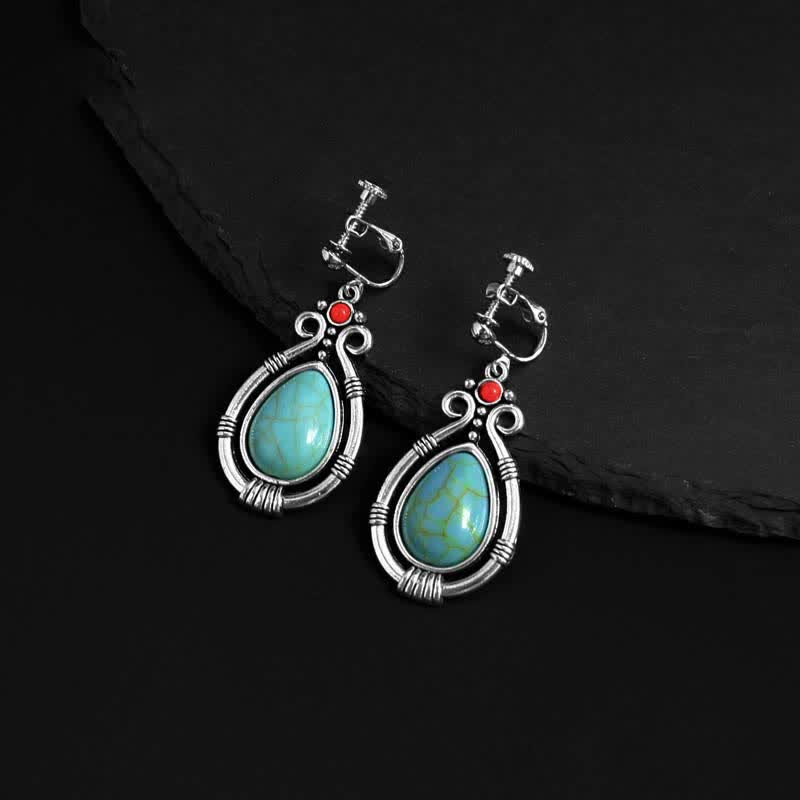 Nimara Ritual Tibet Vintage Turquoise Waterdrop Strength Drop Dangle Earrings Clips