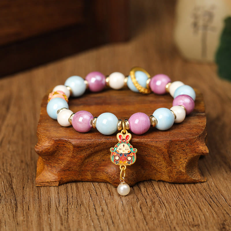 Nimara Ritual Tibetan Zakiram Goddess of Wealth Rabbit Lion Head Charm Liuli Glass Incense Ash Porcelain Bead Protection Bracelet