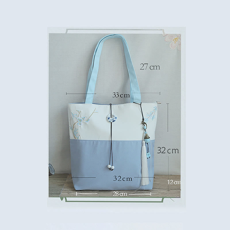 Nimara Ritual Pear Flower Plum Peach Blossom Bamboo Embroidery Canvas Large Capacity Shoulder Bag Tote Bag