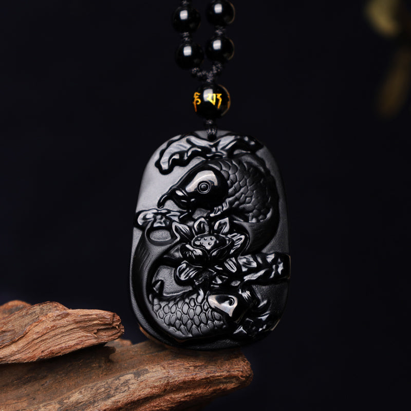 Nimara Ritual Natural Black Obsidian Koi Fish Lotus Strength Beaded Necklace Pendant