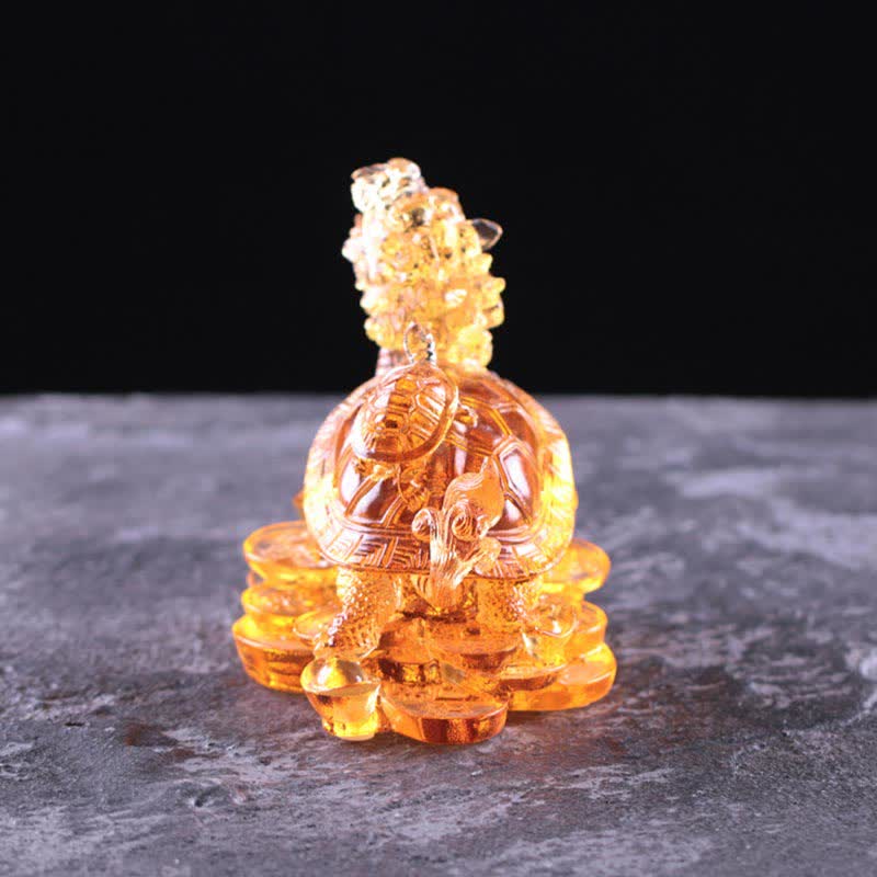 Nimara Ritual Feng Shui Dragon Turtle Coins Handmade Liuli Crystal Luck Art Piece Home Office Decoration