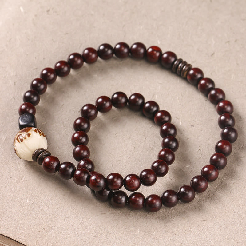 Nimara Ritual Small Leaf Red Sandalwood Lotus Bodhi Seed Carved Protection Double Wrap Bracelet
