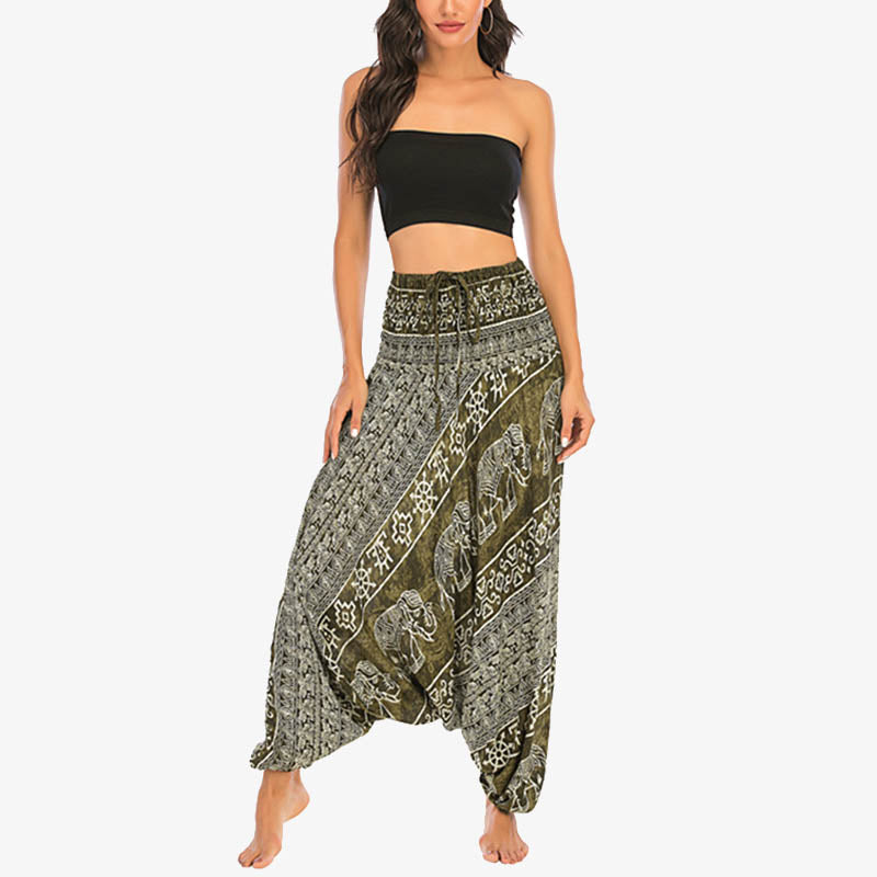 Nimara Ritual Two Style Wear Elephant Pattern Loose Smocked Harem Trousers Jumpsuit Women's Yoga Pants