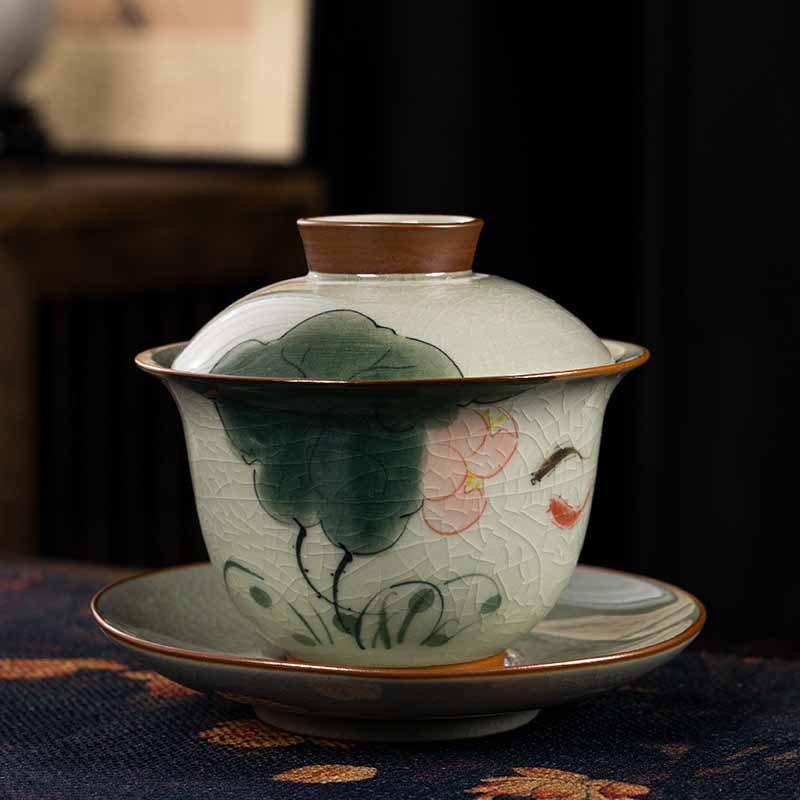 Nimara Ritual Lotus Koi Fish Pod Leaf Ceramic Gaiwan Sancai Teacup Kung Fu Tea Cup And Saucer With Lid 140ml
