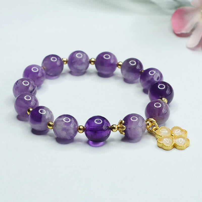 Nimara Ritual Natural Amethyst Crystal Inner Peace Four Leaf Clover Charm Bracelet