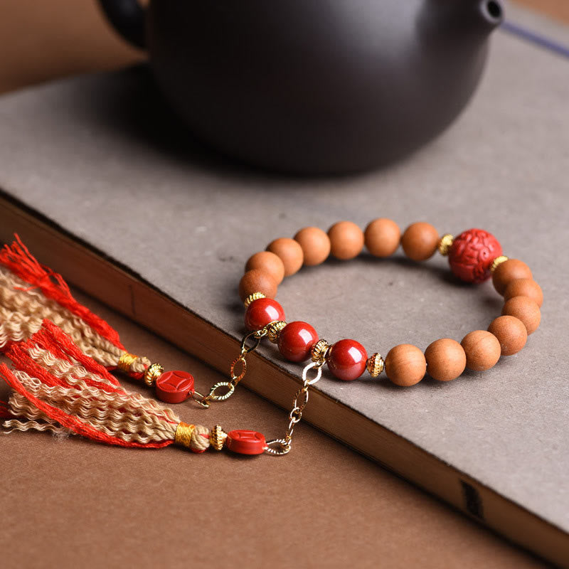 Nimara Ritual Tibetan Natural Peach Wood Cinnabar PiXiu Wealth Tassels Bracelet