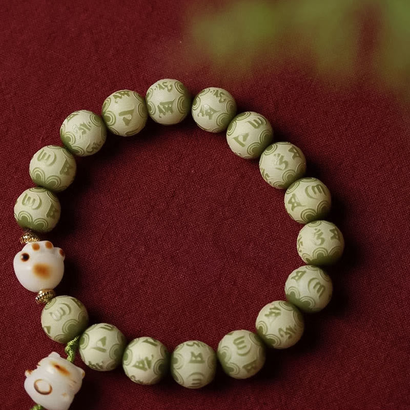 Nimara Ritual Green Bodhi Seed Cat Paw Om Mani Padme Hum Engraved Wisdom Bracelet