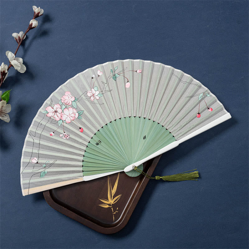 Nimara Ritual Lotus Begonia Flower Jasmine Handheld Bamboo Folding Fan 21cm