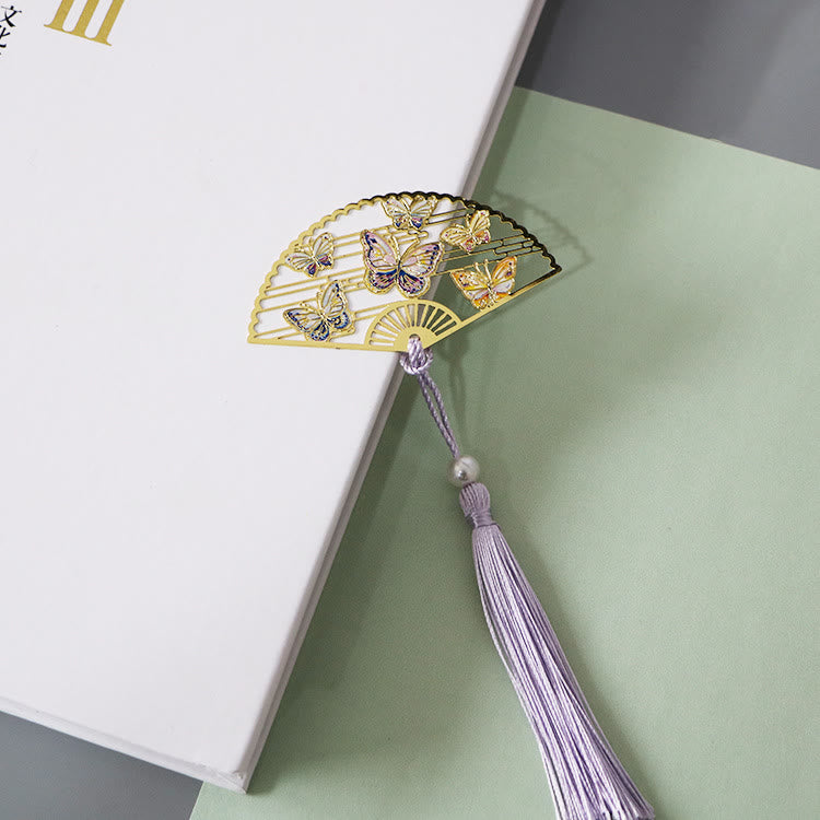 Nimara Ritual Traditional Butterfly Lotus Flower Crane Dragon Phoenix Fox Koi Fish New Beginning Metal Brass Hollow Fan Bookmarks