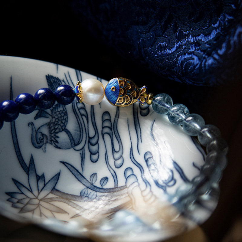 Nimara Ritual Natural Aquamarine Lazurite Lapis Lazuli Fish Healing Bracelet