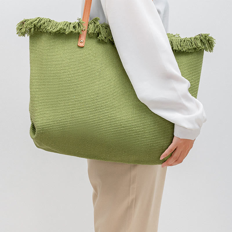 Nimara Ritual Large Capacity Solid Color Tassel Canvas Tote Shoulder Bag