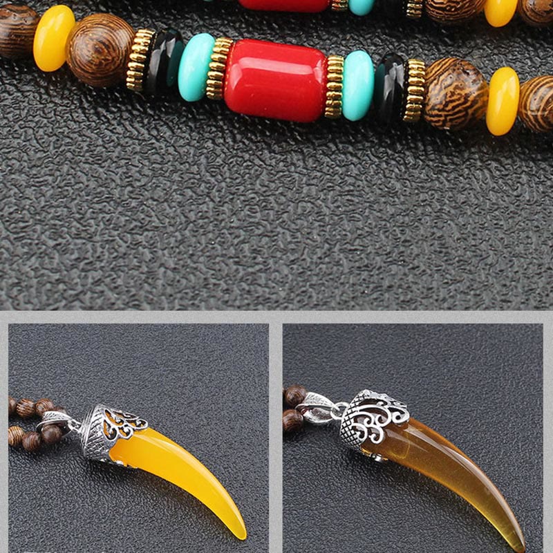 Nimara Ritual Wenge Wood Turquoise Stone Horn Style Protection Meditation Necklace Pendant