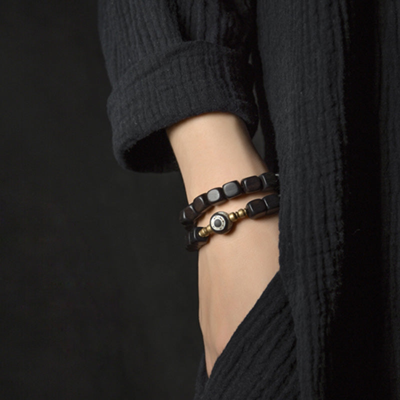 Nimara Ritual Ebony Wood Dzi Bead Copper Peace Couple Bracelet