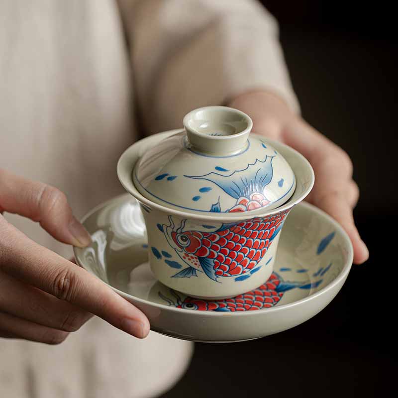 Nimara Ritual Koi Fish Arowana Ceramic Gaiwan Sancai Teacup Kung Fu Tea Cup With Lid 130ml