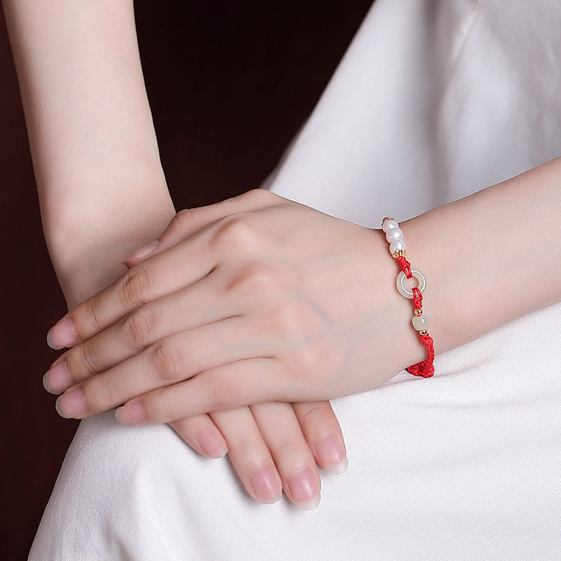 Nimara Ritual 925 Sterling Silver Plated Gold Hetian Jade Peace Buckle Pearl Luck Bracelet