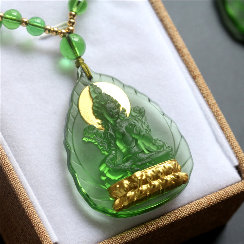 Nimara Ritual Tibetan Green Tara Buddha Gold Plated Liuli Crystal Protection Necklace Pendant