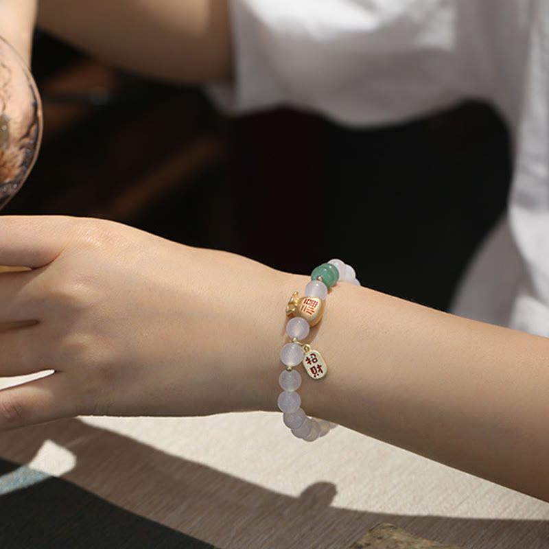 Nimara Ritual Natural White Agate Red Agate Money Bag Fu Character Four Leaf Clover Protection Bracelet