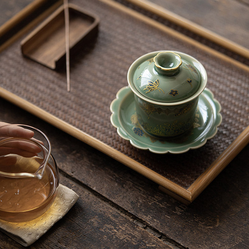 Nimara Ritual Green Porcelain Butterfly Flower Salmon Fish Ceramic Gaiwan Sancai Teacup Kung Fu Tea Cup And Saucer With Lid