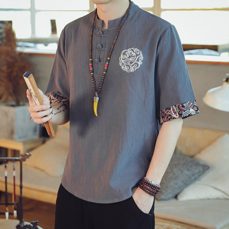 Nimara Ritual Frog-Button Dragon Embroidery Chinese Tang Suit Short Sleeve Shirt Men Clothing