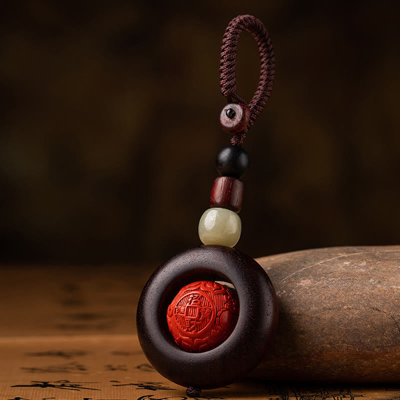 Nimara Ritual Tibet Om Mani Padme Hum PiXiu Copper Coin Small Leaf Red Sandalwood Cinnabar Protection Key Chain