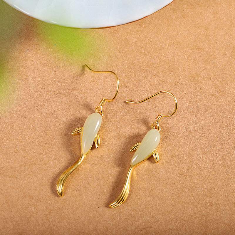 Luck and Healing Fish Pattern Jade Dangle Drop Earrings