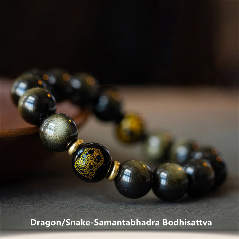 Nimara Ritual Chinese Zodiac Natal Buddha Gold Sheen Obsidian Wealth Protection Bracelet
