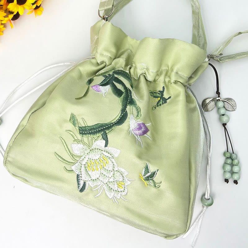 Nimara Ritual Embroidered Flowers Wisteria Lily Cotton Linen Tote Crossbody Bag Shoulder Bag Handbag