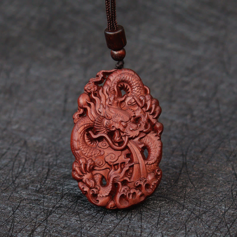 Nimara Ritual Lightning Struck Jujube Wood Double Dragon Relief Ward Off Evil Spirits Necklace Pendant