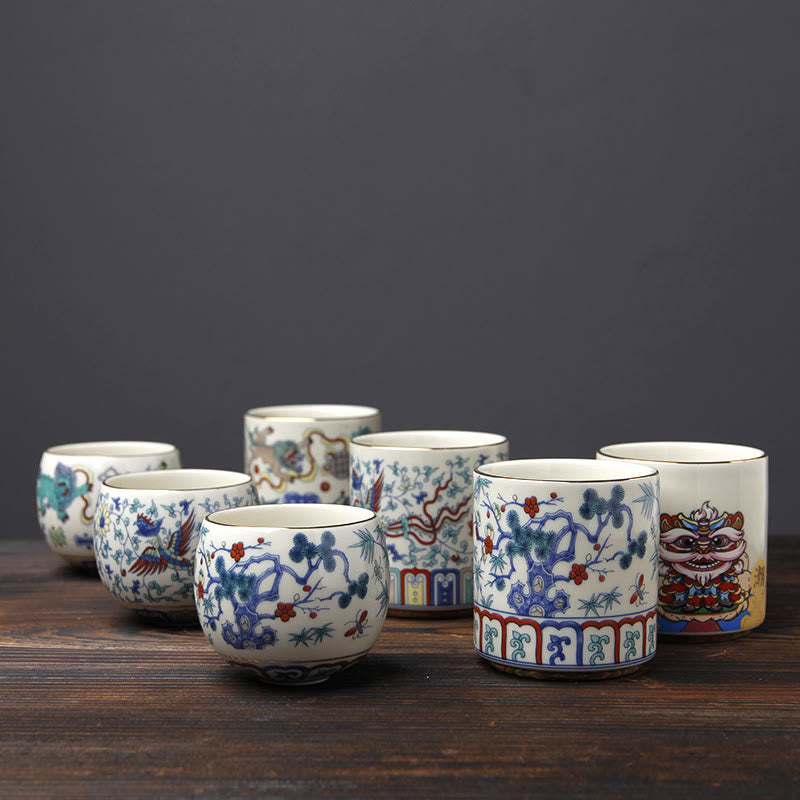 Nimara Ritual Vintage Plum Blossom Pine Bamboo Phoenix Kirin Lion Dancing Ceramic Teacup Tea Cups