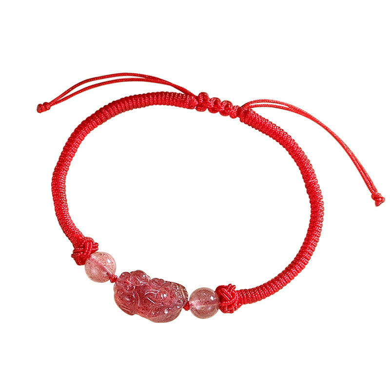 Nimara Ritual Handmade Natural Silver Sheen Obsidian Strawberry Quartz PiXiu Protection Braided Bracelet