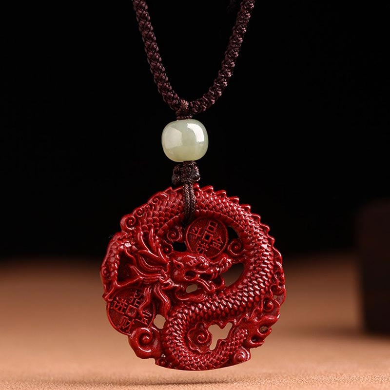 Nimara Ritual Year Of The Dragon Natural Cinnabar Hetian Jade Bead Copper Coin Attract Wealth Strength Necklace Pendant