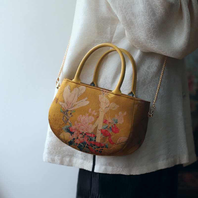 Nimara Ritual Vintage Flower Peony Metal Chain Zipper Handbag Crossbody Bag Shoulder Bag
