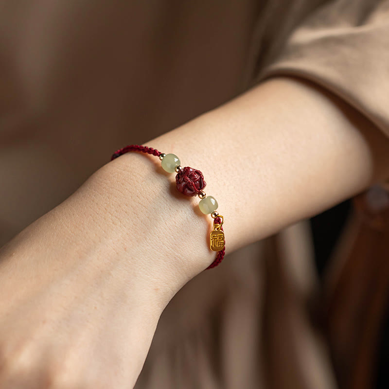 Nimara Ritual Natural Cinnabar Chinese Zodiac Hetian Jade Fu Character Luck Rope Bracelet