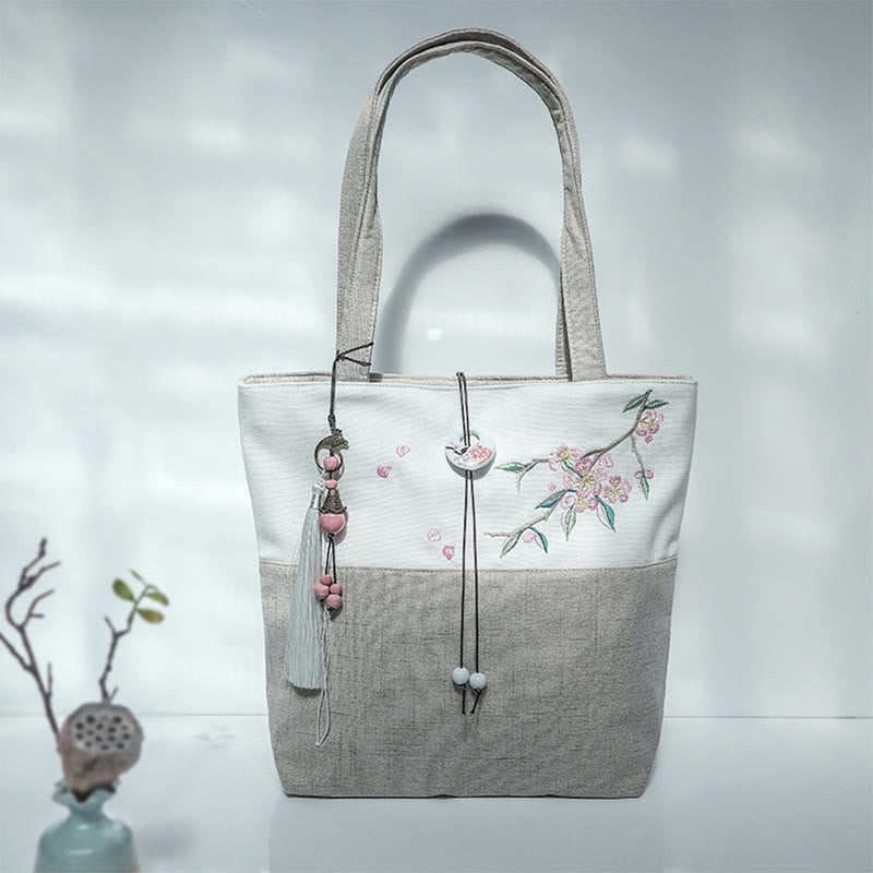 Nimara Ritual Pear Flower Plum Peach Blossom Bamboo Embroidery Canvas Large Capacity Shoulder Bag Tote Bag