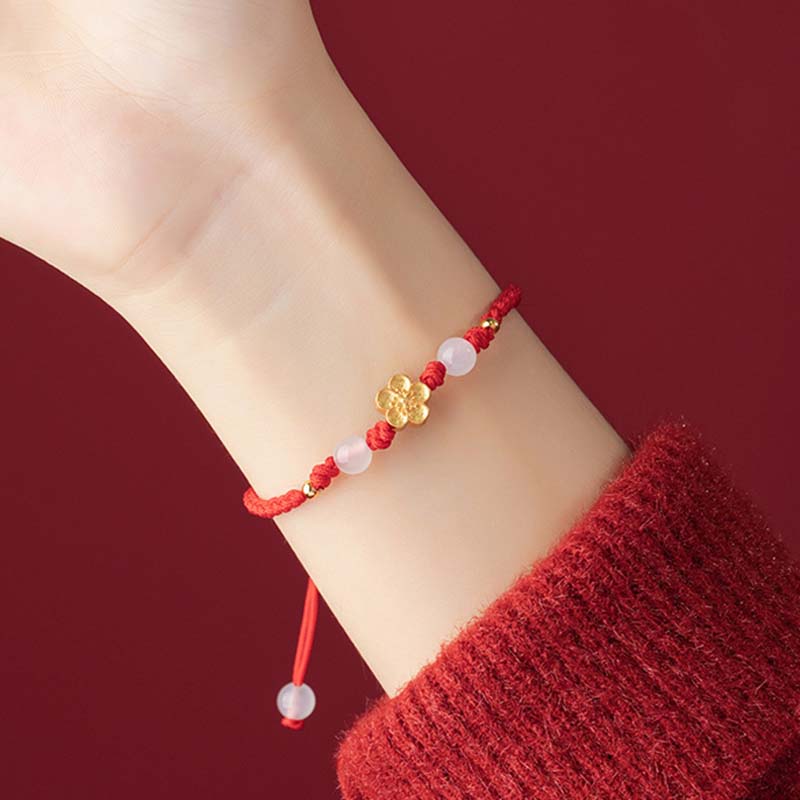 Nimara Ritual Handmade 925 Sterling Silver Peach Blossom Cherry Sakura Chalcedony Bead Luck Red Rope Bracelet