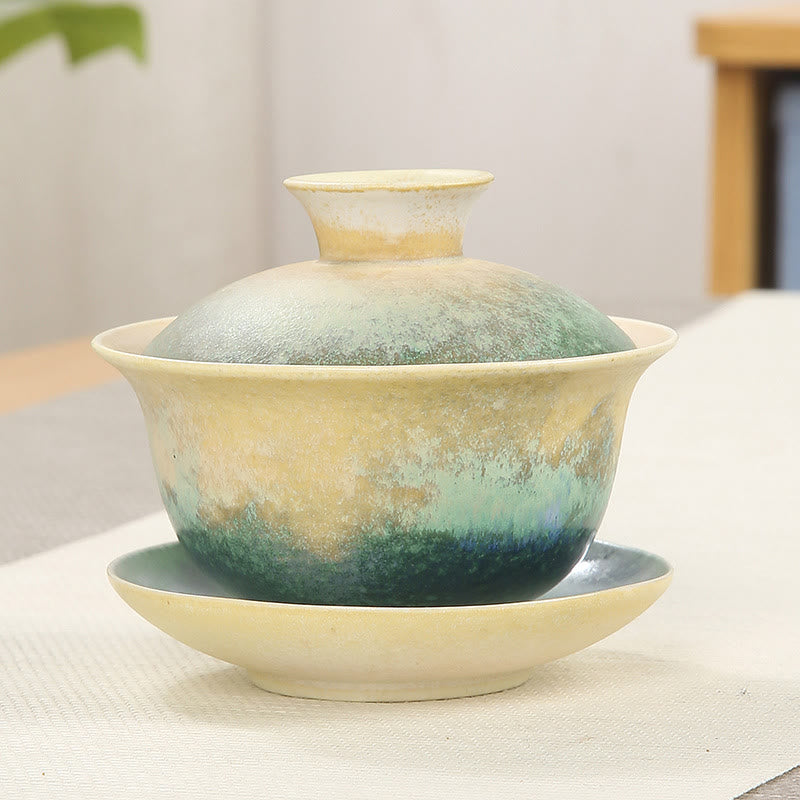 Nimara Ritual Green Ocean Waves Design Porcelain Ceramic Gaiwan Sancai Teacup Kung Fu Tea Cup And Saucer With Lid