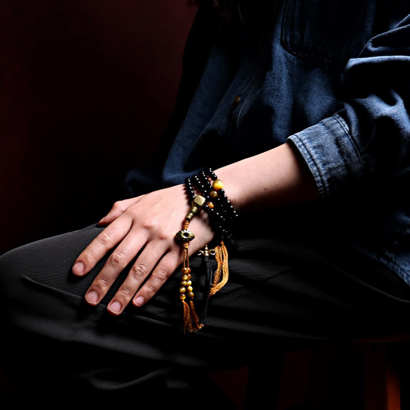 Nimara Ritual Tibetan 108 Mala Beads Black Onyx Tiger Eye Beads Nine Palaces Bagua Protection Bracelet