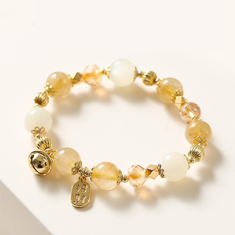 Nimara Ritual 14K Gold Plated Golden Rutilated Quartz Wealth Bell Lucky Fortune Charm Bracelet
