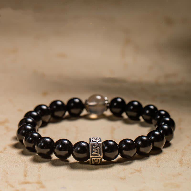 Nimara Ritual Chinese Zodiac Natal Buddha 925 Sterling Silver Black Obsidian Moonstone Strength Bracelet