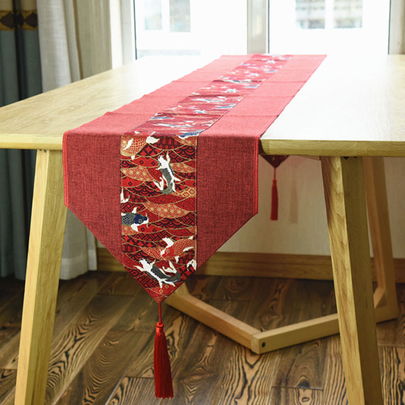 Nimara Ritual Classic Chinese Style Lotus Koi Fish Flower Crane Calligraphy Enlightenment Cotton Linen Tassels Table Runner